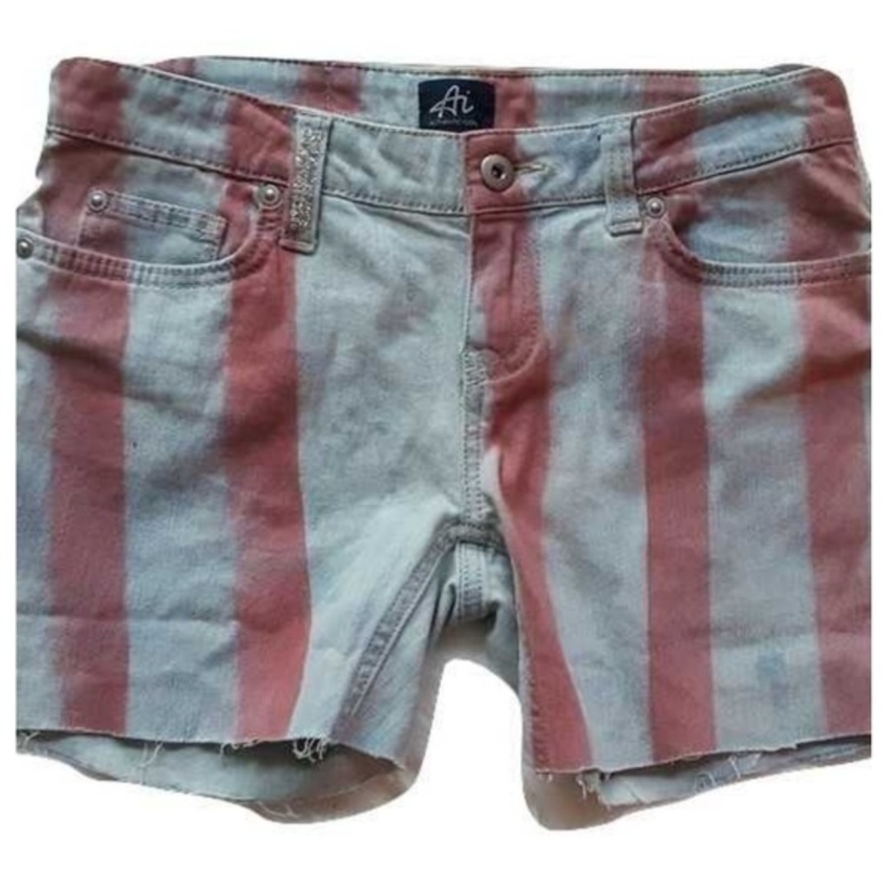 Authentic Icon Festival Striped Print Cutoff Low Rise Denim Skinny Jean Shorts